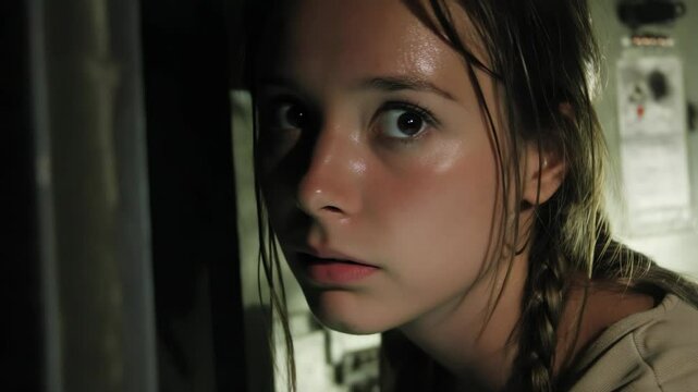 Teenage girl in low light looks startled or surprised, indoors environment with a tense emotion and focus on facial expression and sweat, braids.