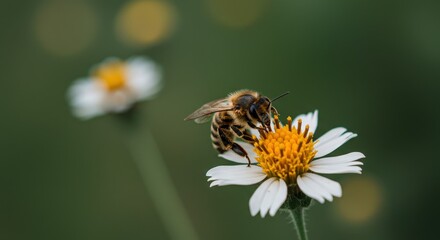 Bee Collecting Nectar from White Flower in Garden
