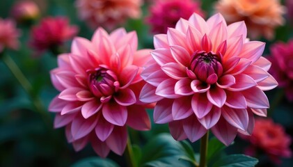 Fototapeta premium Intricate dahlia blooms, vibrant hues, close-up view , pink, head, purple