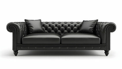 Black leather sofa with cushions isolated on a white background, 3D rendering, in a black color and monochrome style, front view, with soft lighting