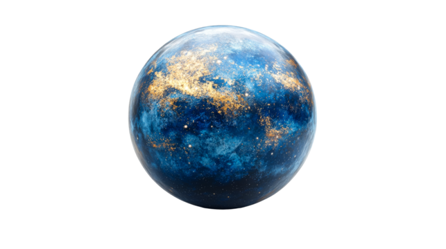 Abstract planet with gold spots and blue surface, cut out transparent