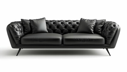 Black leather sofa with pillows isolated on a white background, front view. 3D rendering of a modern design black couch with metal legs and buttons.