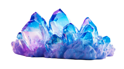 Cluster of quartz gemstone points, blue and purple hued, cut out transparent