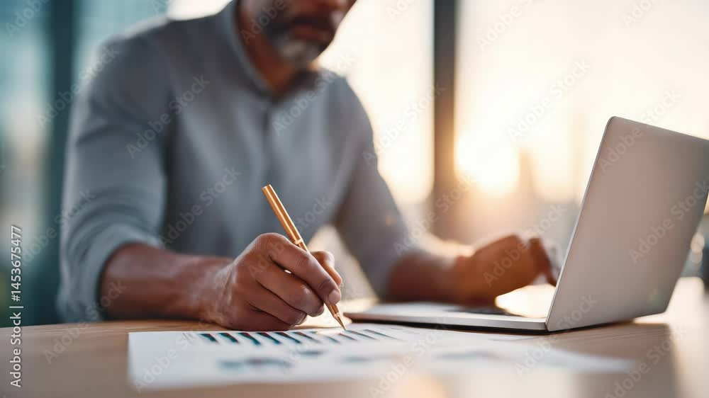 Poster man is writing on a laptop with a pen. he is focused on his work and he is in a serious mood. concep