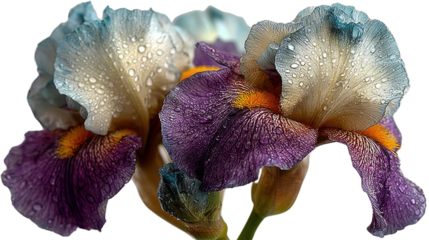 Iris Delight: An exquisite macro shot showcasing the intricate details of vibrant iris flowers. The petals boast a captivating palette of colors, accented by delicate water droplets