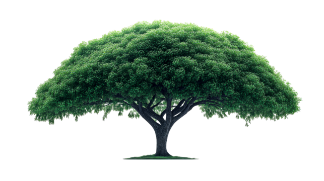 Deciduous plant, lush foliage, detailed bark, ground level, cut out transparent