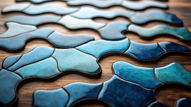 Abstract blue ceramic tiles on wood