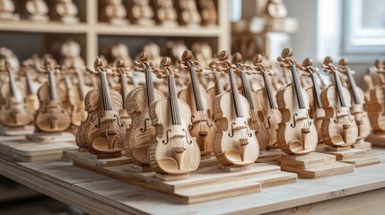Wooden violins stand in rows, crafted with detail and precision in workshop. Showcases musical artistry or fine craftsmanship, perfect for creative projects.