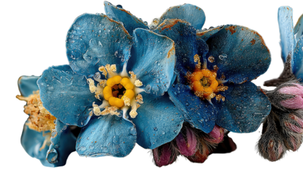 Alpine Forget-Me-Nots: Close-up view of vibrant blue alpine forget-me-not flowers with yellow centers, showing delicate details and water droplets.