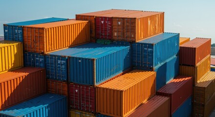 Fototapeta premium Stacked Shipping Containers at Depot Under Clear Sky