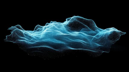 Abstract blue glowing flowing waves and mist on black background with digital particles for science technology art and futuristic design concepts