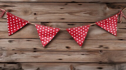 Obraz premium Red and white polka dot bunting on rustic wooden background dots cute party event happy image photo