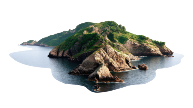 Island Paradise: A breathtaking aerial view captures a lush, green island rising majestically from tranquil, cerulean waters, with dramatic cliffs and a tapestry of verdant foliage.