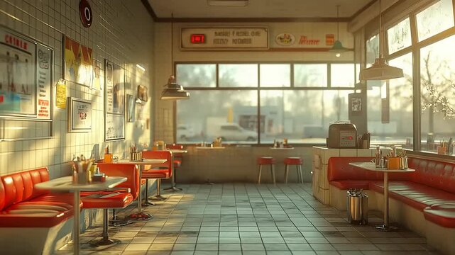Sunny diner interior with red booths and posters