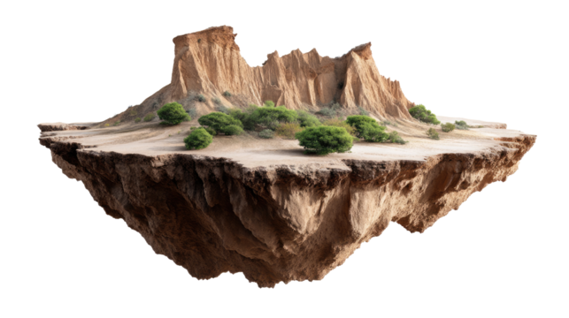 Floating Desert Oasis: A mesmerizing, otherworldly image of a floating desert oasis, with craggy cliffs and verdant vegetation, evokes a sense of surreal isolation and mystery.  