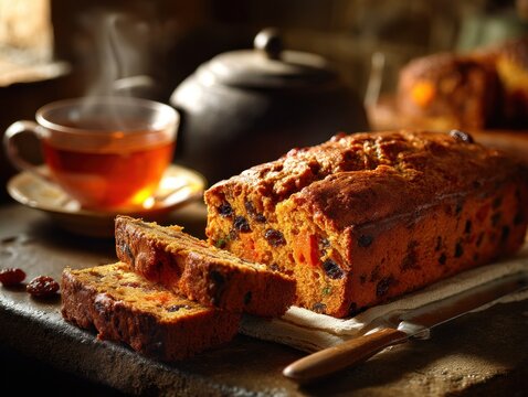 Slices of sweet barmbrack fruit loaf beside a steaming cup of tea fill a rustic farmhouse kitchen with warmth