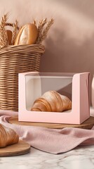Fresh croissant in a stylish display box. mockup
