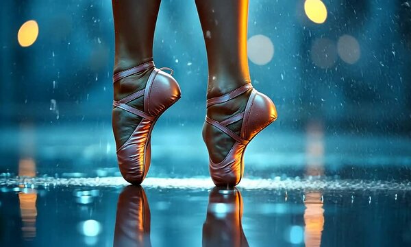 A graceful ballet dancer performing en pointe in the rain, illuminated by soft city lights