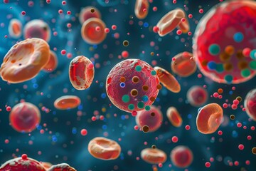 Microscopic View of Colorful Cells and Particles in Fluid Medium