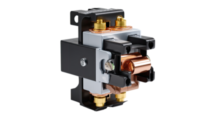 Industrial Contactor Close-up: A detailed, photorealistic view of a industrial contactor, showcasing its intricate design and metallic components. Emphasizing the industrial context.
