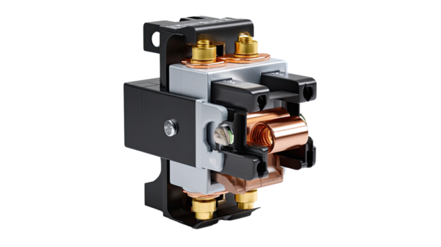 Industrial Contactor Close-up: A detailed, photorealistic view of a industrial contactor, showcasing its intricate design and metallic components. Emphasizing the industrial context.