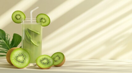 Refreshing cold green kiwi smoothie in a tall glass with slices and leafy garnish on a light background with soft shadows and natural lighting