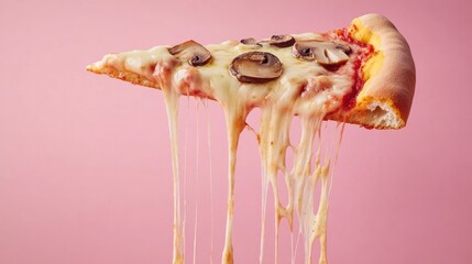 Naklejka premium Close-up of a slice of cheese pizza topped with mushroom slices melting and dripping cheese against a pink background, showing delicious hot food on a plate