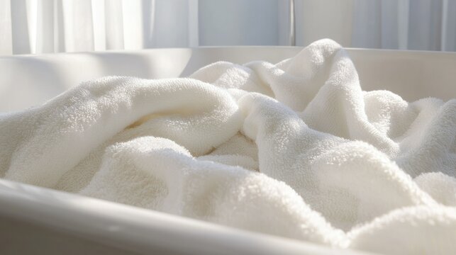 Close-up of a clean white fluffy towel folded on a bathroom or spa linen shelf with natural daylight illuminating the soft textured surface and cozy atmosphere