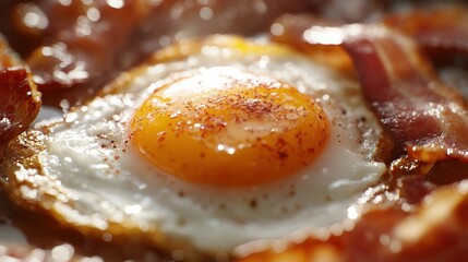 Close-up of a perfectly cooked fried egg with crispy bacon strips and seasoning on top, served as part of a hearty breakfast meal in warm lighting
