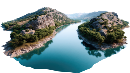 Serene Waterside: A majestic river gracefully carves its path between rolling hills, their slopes adorned with verdant forests. The crystal-clear water reflects the vibrant blue sky.