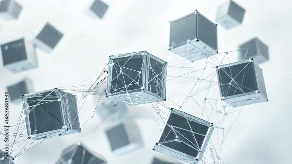 Aufkleber Blockchain Data Cubes: A futuristic array of transparent cubes interconnected by digital threads, representing a modern approach to secure data transactions and technological advancement.