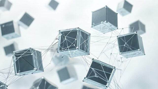 Blockchain Data Cubes: A futuristic array of transparent cubes interconnected by digital threads, representing a modern approach to secure data transactions and technological advancement.