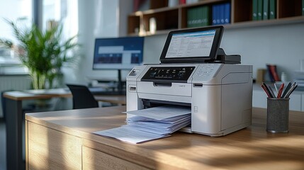 Modern office printer with documents