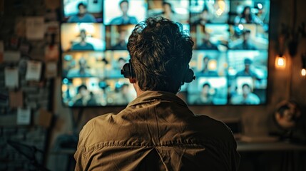 Rear view of male operator wearing headset in digital workspace monitoring video call campaign screens, analyzing customer response performance in real-time marketing management scenario.