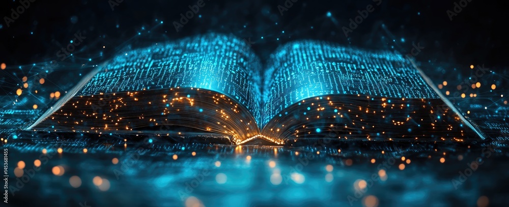 Poster digital book open, illuminated with glowing data.