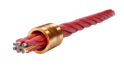 Red Cable and Connector: a close-up shot showcases a vibrant red cable secured by a golden connector. the cable's detailed texture contrasts beautifully with the smooth metal.