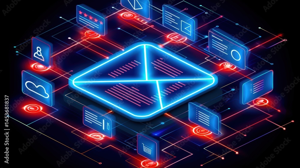 Poster 3d glowing neon email icon connected various digital data elements representing modern marketing aut