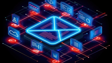 3D glowing neon email icon connected various digital data elements representing modern marketing automation using AI tools for customer interaction CRM communication technology and business strateg.