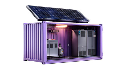 Solar-Powered Server Room: A sleek, modern server room, housed within a modified shipping container, is powered by a state-of-the-art solar panel, showcasing innovative sustainable technology