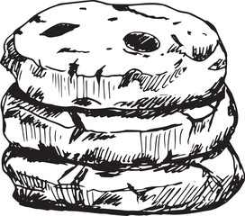 Hand-drawn sketch of three stacked oatmeal cookies with chocolate chips