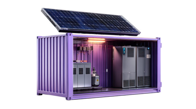 Solar-Powered Server Room: A sleek, modern server room, housed within a modified shipping container, is powered by a state-of-the-art solar panel, showcasing innovative sustainable technology