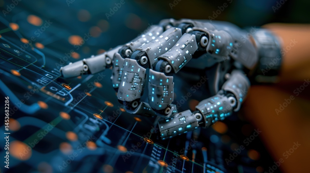 Poster artificial intelligence robotic hand interacting with high-tech touchscreen interface representing d