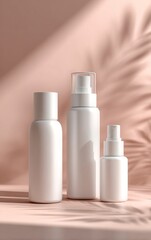 Minimalist skincare products in white bottles displayed on a peach background