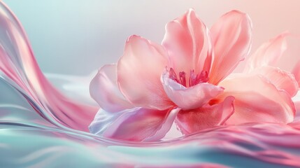 Close-up of a delicate pink flower with soft petals resting on smooth silky fabric with pastel colors and gentle lighting, captu nature's beauty and elegance