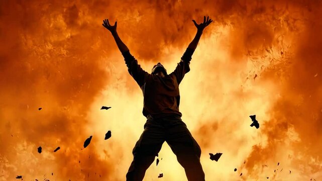 Silhouette of man with arms raised amidst fiery explosion and debris