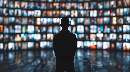 Silhouette of man standing in front of massive digital wall showing numerous profile screens during virtual event, representing global online connectivity and future remote collaboration platforms.
