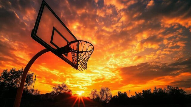 A basketball hoop against a vibrant sunset sky, creating a dramatic contrast. The silhouette of the basketball hoop is set against a backdrop of a fiery sunset