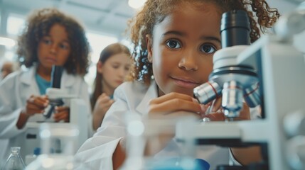 African descent girl child in white lab coat using microscope during science class while classmates experiment in background inside bright laboratory environment for fun hands-on STEM education.