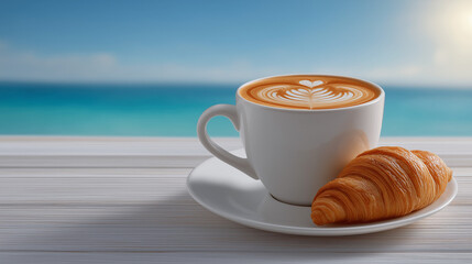 Seaside Morning Bliss: A picturesque scene unfolds, with a meticulously crafted cappuccino artfully placed beside a golden croissant on a weathered wooden surface.