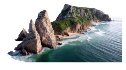 Coastal Serenity: A stunning view of a rocky coastline, where rugged cliffs meet the powerful ocean waves. This panoramic scenery showcases the raw beauty of nature.